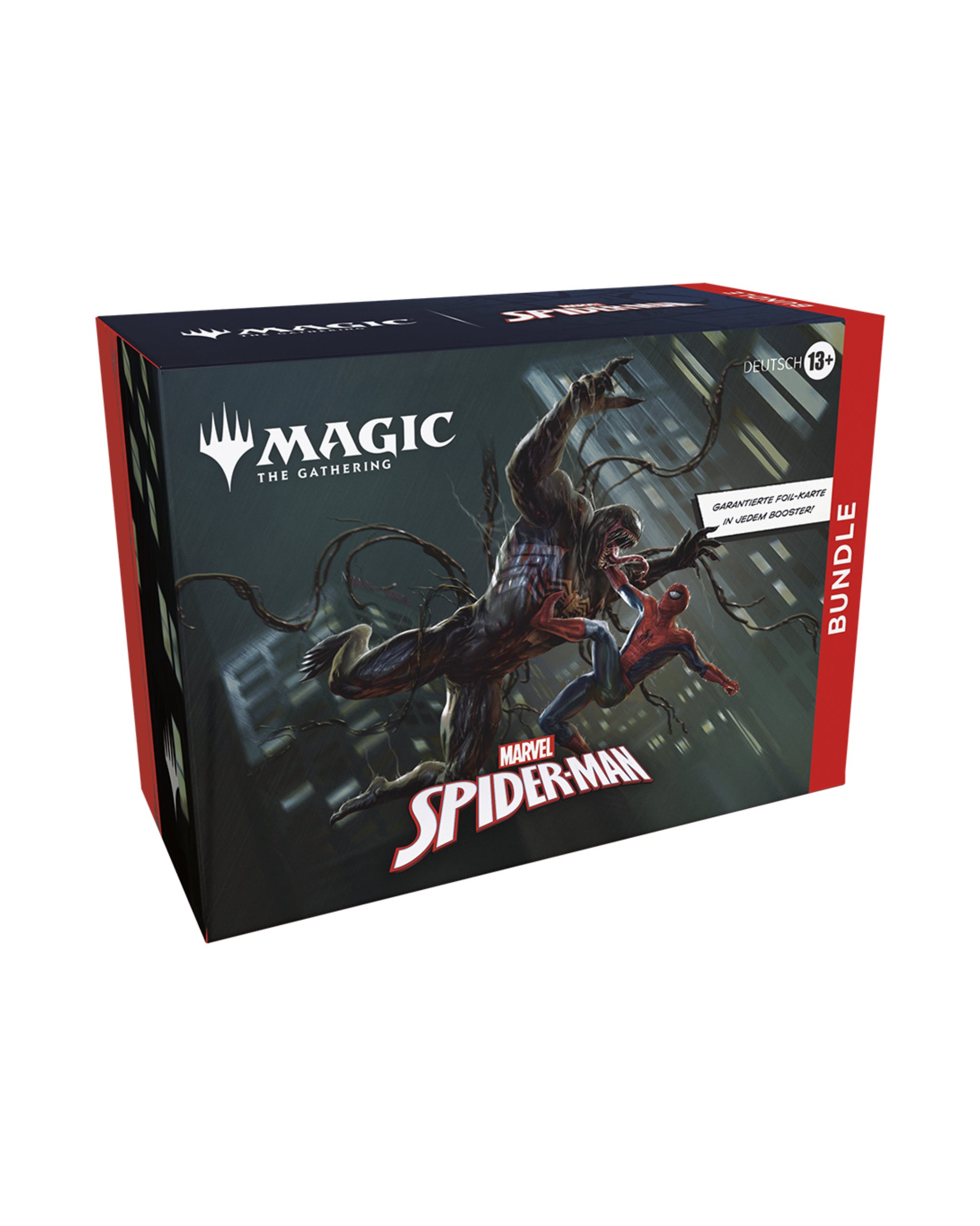 Marvel’s Spider-Man Bundle – linke Seitenansicht des Magic: The Gathering Bundles mit Marvel-Design bei TCGMasterPrint

